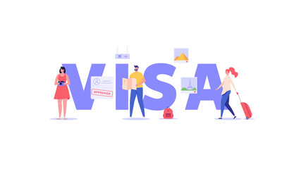 Concept of tourist visa, travel, approved visa, tourist guide. Young tourists with guide map visit world attractions and landmarks. People travel abroad with foreign passport. Vector illustration