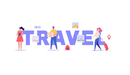 Concept of tourist visa, travel, approved visa, tourist guide. Young tourists with guide map visit world attractions and landmarks. People travel abroad with foreign passport. Vector illustration