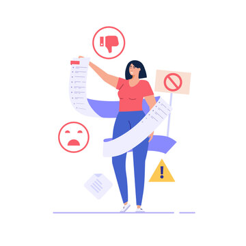 User filling complaint form. Client giving negative feedback at rating scale. Concept of bad review, negative feedback, complaint, dislike. Bad user experience. Vector illustration flat design