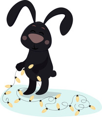 Black rabbit with a Christmas garland.