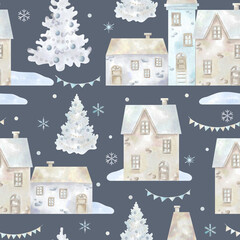 Christmas watercolor seamless pattern with hand drawn christmas tree, houses. Cute design for Christmas wrappings, textile and backgrounds