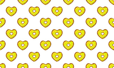 Heart shaped sweet donuts seamless pattern. Doughnuts background for Valentines day. Scrapbooking or wrapping paper, napkin or tablecloth fabric design. Vector cartoon illustration