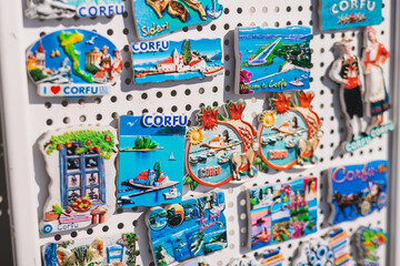 View of traditional tourist souvenirs and gifts from Kerkyra, Corfu island, Ionian sea, Greece, fridge magnets with text 