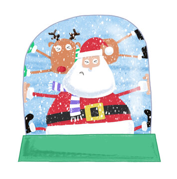 Cartoon Vector Christmas Illustration Of Santa Claus And His Reindeer Stuck Inside In A Snow Globe 