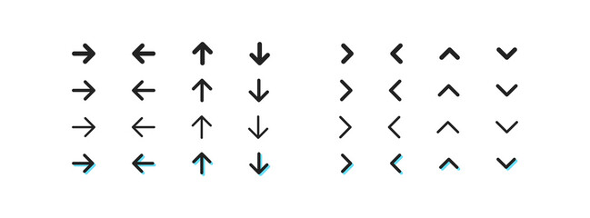 Arrow icon. Vector drawn symbol. Simple narrow outline signs. Swipe element set. Pointer web sign. Right, left, up, down flat icons.