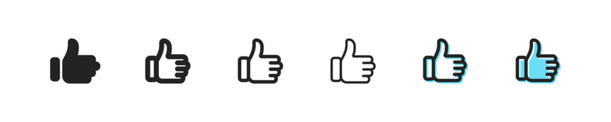 Thumb up icon. Vector like symbol. Simple finger up outline signs. Positive web sign. Nice hand set. Like button. Cool, yes, okay, vote, dislike, down, good, approve flat icons.