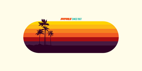 Retro sunset and palm trees. Original vector illustration. A design element. Print on a T-shirt.