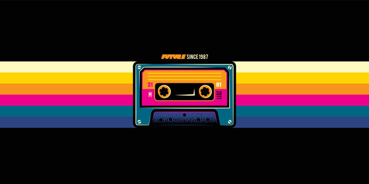 Original vector illustration. An old audio cassette on a retro background. A design element. Print on a T-shirt.