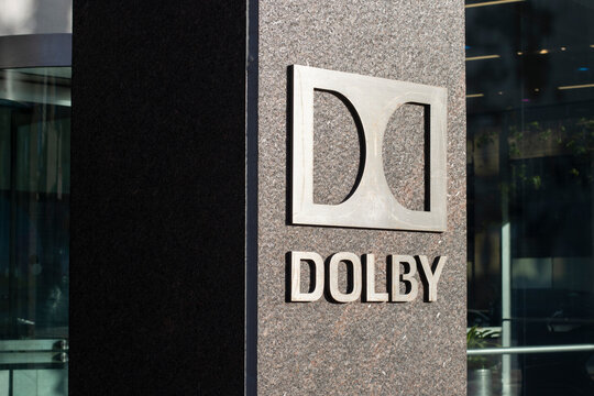 San Francisco, CA, USA - May 1, 2022: Dolby logo is seen at its headquarters in San Francisco, California. Dolby Laboratories, Inc. specializes in audio noise reduction, encoding, spatial audio, etc.