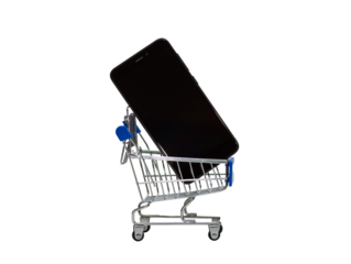 smartphone on a tiny shopping cart isolated - transparent element - graphic resource