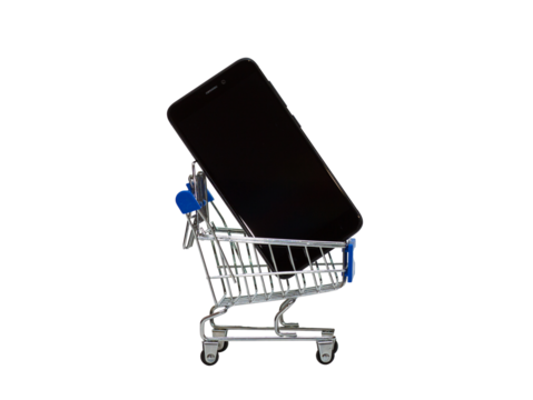 smartphone on a tiny shopping cart isolated - transparent element - graphic resource - Powered by Adobe