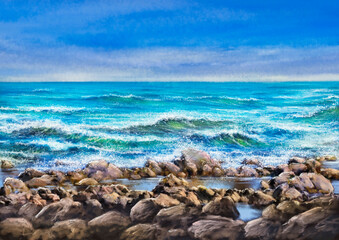 Fototapeta na wymiar Oil paintings landscape, misty morning on the sea and rocks