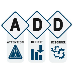 ADD - Attention Deficit Disorder acronym, medical concept background. vector illustration concept with keywords and icons. lettering illustration with icons for web banner, flyer, landing page