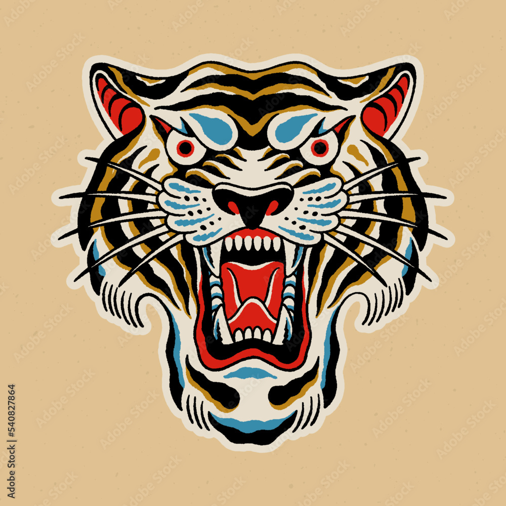 Wall mural traditional tiger tattoo. vector illustration.