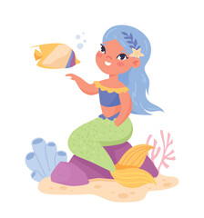 Cute mermaid character. Young girl sits on stone underwater and communicates with fish. Fictional character, fantasy and imagination. Poster or banner for website. Cartoon flat vector illustration