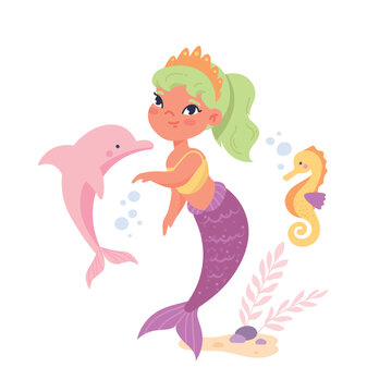 Cute mermaid character. Young girl underwater with dolphin and seahorse. Water, ocean and sea. Fictional characters, fantasy and imagination. Fairy tale for kids. Cartoon flat vector illustration