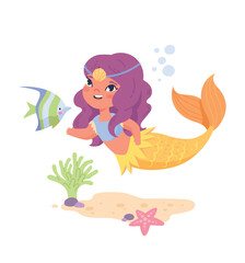 Cute mermaid character. Young girl swims underwater with fish. Fairy tale, fantasy and imagination. Graphic element for website. Inhabitants of seabed, sea or ocean. Cartoon flat vector illustration