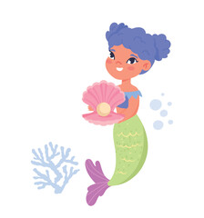 Cute mermaid character. Young girl holds pink open shell with pearls. Fairy tale and fictional character. Sea ocean. Graphic element for printing on clothes. Cartoon flat vector illustration
