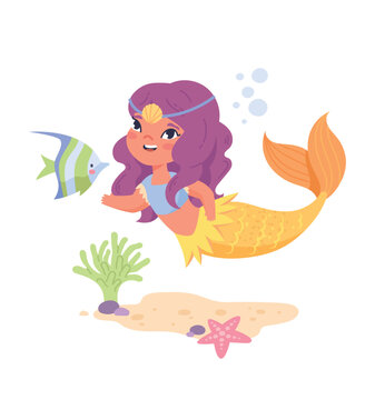 Cute mermaid character. Young girl swims underwater with fish. Fairy tale, fantasy and imagination. Graphic element for website. Inhabitants of seabed, sea or ocean. Cartoon flat vector illustration