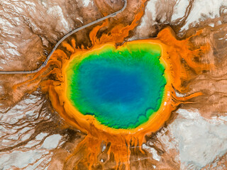 Aerial view of Grand Prismatic Spring in Midway Geyser Basin, Yellowstone National Park, Wyoming, USA. It is the largest hot spring in the United States