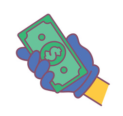 Hand with banknote. Money transactions, trading. Successful investor or businessman metaphor. Financial literacy and wealth. Budget and savings. Poster or banner. Cartoon flat vector illustration