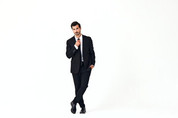 Man business smile with teeth in a suit business job walks open mouth happiness and surprise full-length on white isolated background copy space 