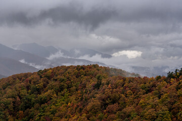 Rolling Hill of Muted Fall Colors With Cloudy Mountains In The Distance