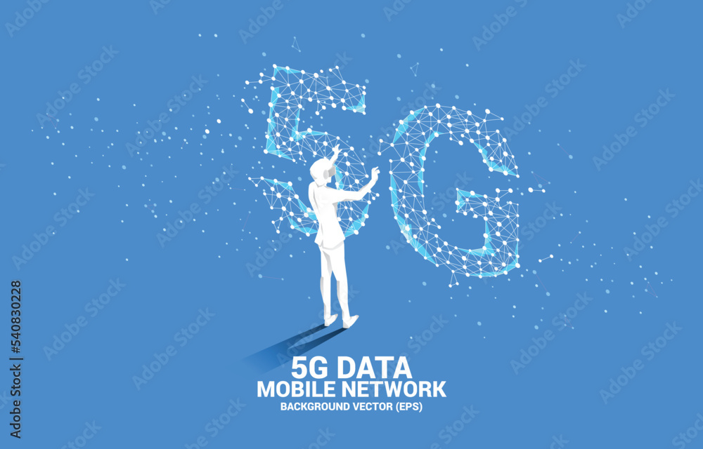 Poster Silhouette man wear VR glasses Polygon dot connect line shaped 5G mobile networking. Concept of digital virtual reality technology and AR .