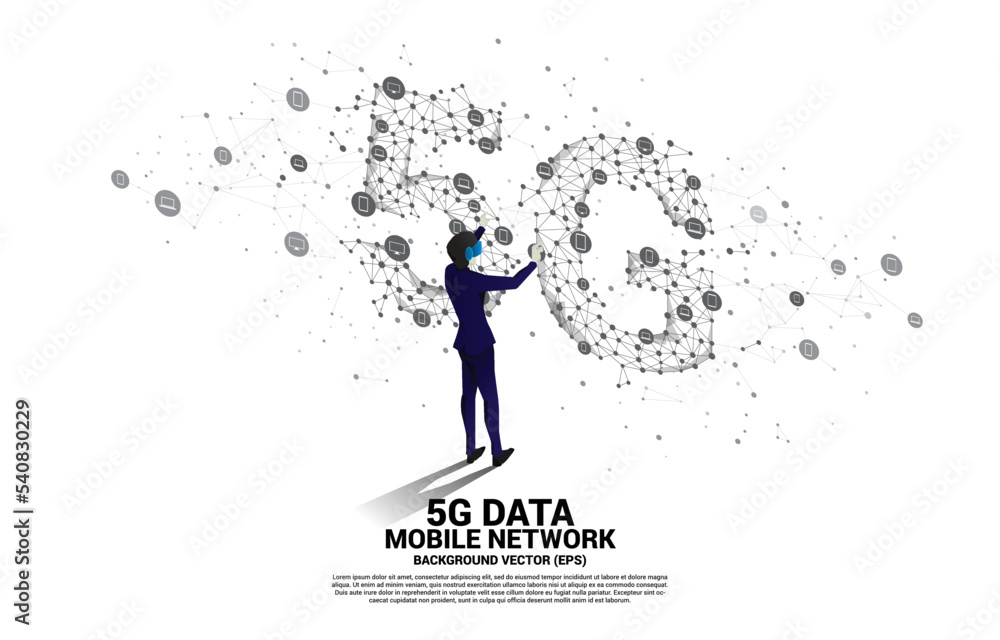 Poster silhouette man wear vr glasses polygon dot connect line shaped 5g mobile networking. concept of digi