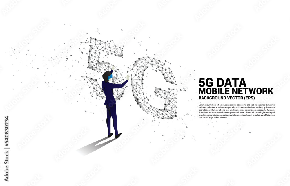 Poster silhouette man wear vr glasses polygon dot connect line shaped 5g mobile networking. concept of digi