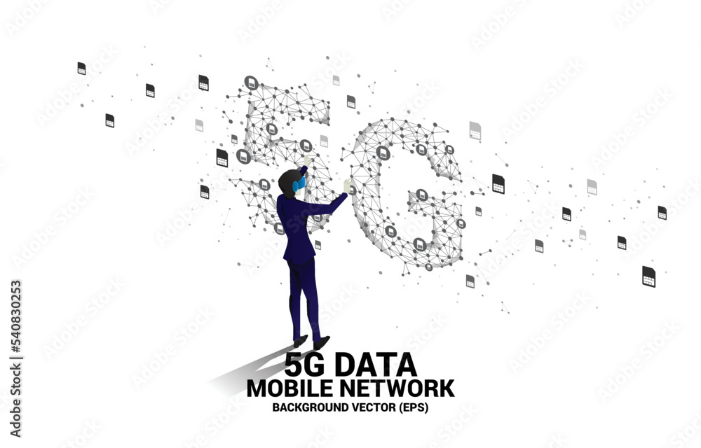 Poster silhouette man wear vr glasses polygon dot connect line shaped 5g mobile networking. concept of digi