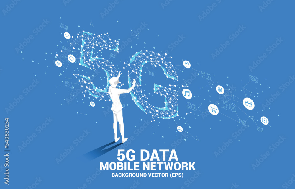 Poster silhouette man wear vr glasses polygon dot connect line shaped 5g mobile networking. concept of digi