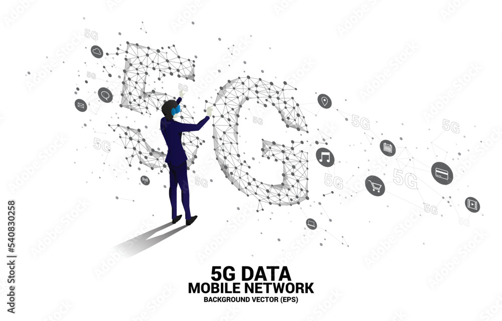 Poster silhouette man wear vr glasses polygon dot connect line shaped 5g mobile networking. concept of digi