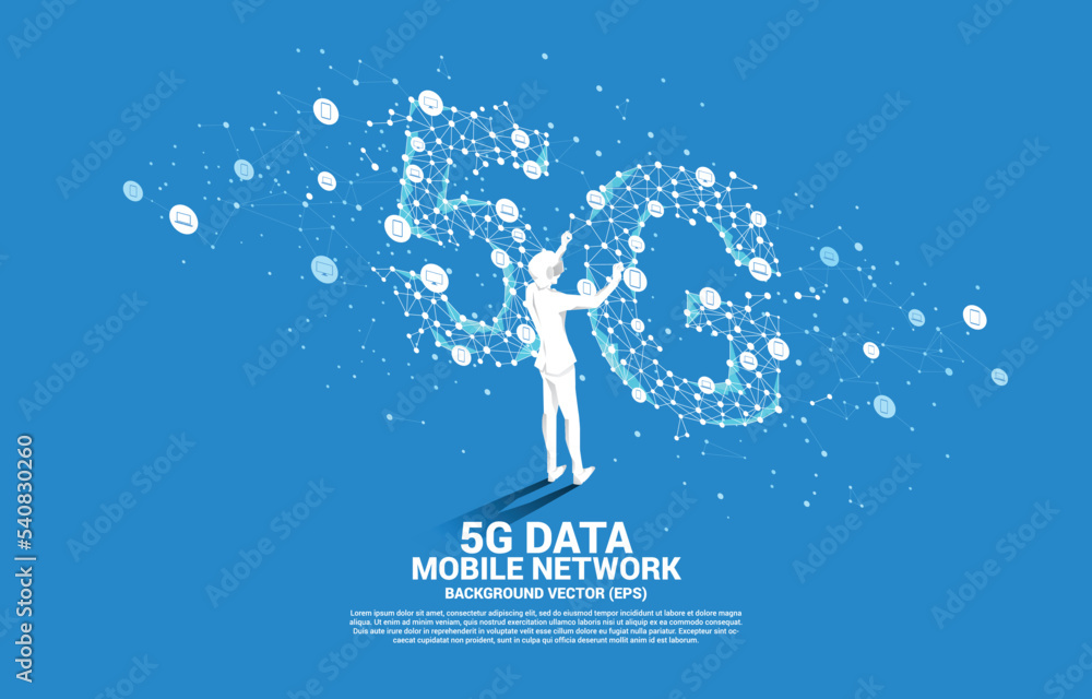 Poster silhouette man wear vr glasses polygon dot connect line shaped 5g mobile networking. concept of digi