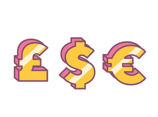 Pound, euro, dollar icon. Investing in currencies concept, budget and savings and financial literacy. Graphic elements for website. Passive income and trading. Cartoon flat vector illustration