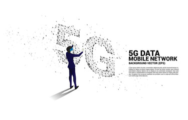 Silhouette man wear VR glasses Polygon dot connect line shaped 5G mobile networking. Concept of digital virtual reality technology and AR .