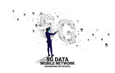 Silhouette man wear VR glasses Polygon dot connect line shaped 5G mobile networking. Concept of digital virtual reality technology and AR .