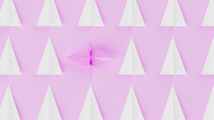 Origami of pink crane and many white airplanes on pink board under white lighting background. Concept 3D CG of Japanese traditional culture, wish for world peace and legendary president.