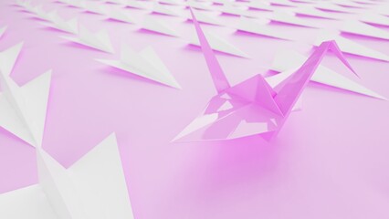 Origami of pink crane and many white airplanes on pink board under white lighting background. Concept 3D CG of Japanese traditional culture, wish for world peace and legendary president.