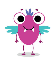 Violet monster character. Cool person with big eyes. Hooker with wings and thin legs. Toy or mascot for children for autumn holiday of horror, Halloween concept. Cartoon flat vector illustration