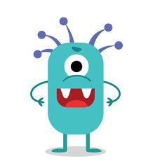 Blue monster character. Fantasy, imagination and fairy tale. Oval person with big eyes. Fear and horror concept, Halloween. Mutant, toy or mascot for children. Cartoon flat vector illustration