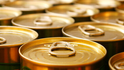 Close-up of many beautiful cans of canned food - obrazy, fototapety, plakaty