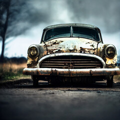 Abandoned vintage car in a rusty condition. 3D illustration