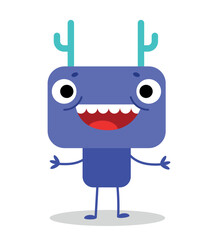 Blue monster character. Mutant with large square head and neon horns. Mascot or toy for children. Halloween, autumn holiday of fear and horror. Nightmare concept. Cartoon flat vector illustration