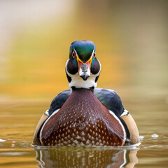 Close up of Wood duck (aix sponsa) drake swimming towards camera on overcast fall morning Colorado, USA