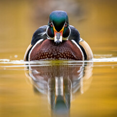 Close up of Wood duck (aix sponsa) drake swimming towards camera on overcast fall morning Colorado, USA