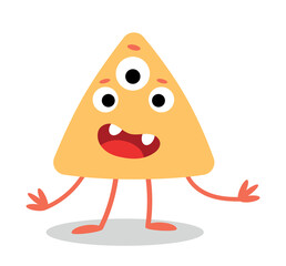 Yellow monster character. Triangular shaped mutant with lossy eyes spreads arms. Sticker for social networks and messengers. Feeling, emotion, expression and reaction. Cartoon flat vector illustration
