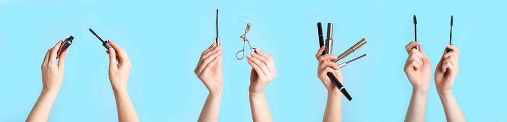 Collage of mascara with brushes and eyelash curler in female hands on blue background