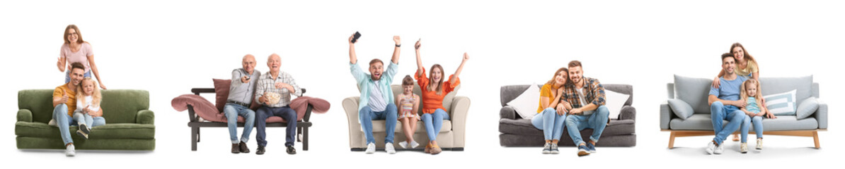 Group of relaxing people on soft sofas against white background