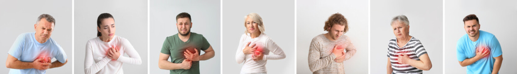 Set of people having heart attack on light background